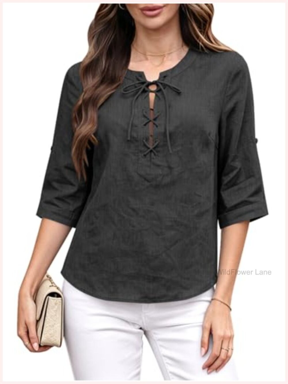 100% Linen Tie Front Criss Cross Blouse 3/4 Sleeve Summer Button Down Top